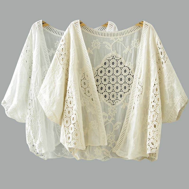 Crosa - Lace Open Front Cardigan with Batwing Sleeves: WHITE / AVERAGE