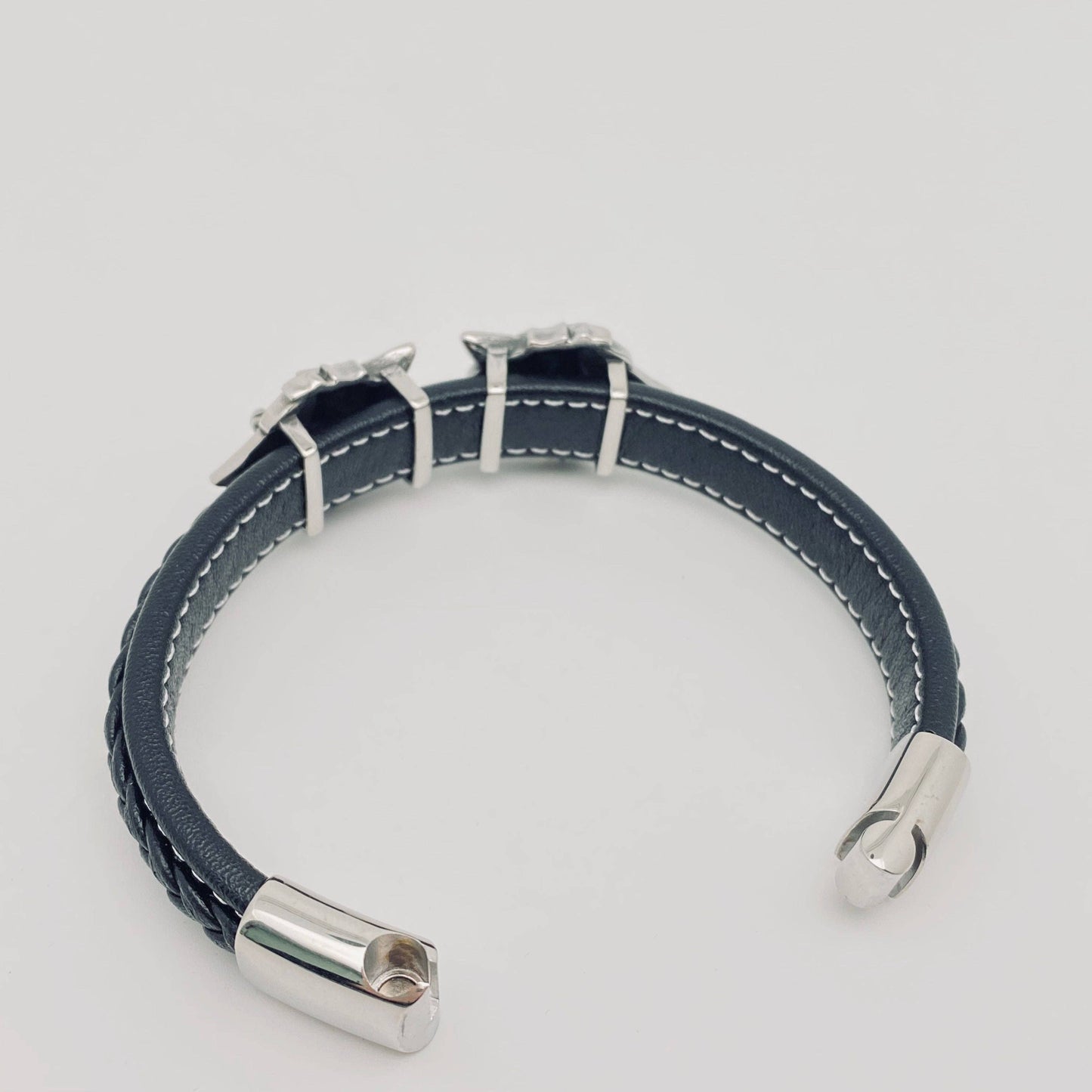 Stainless Steel Double Wolf Head Leather Bracelet 18CM