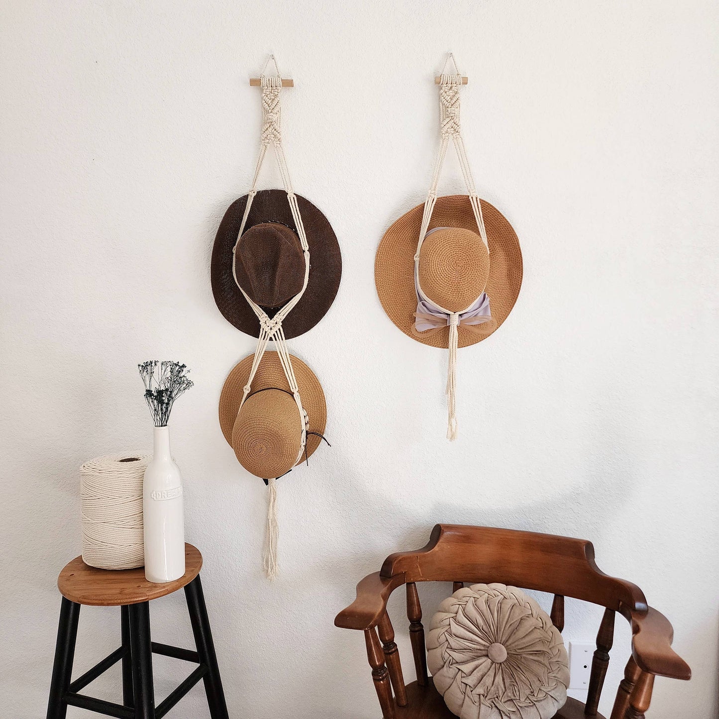 Macrame Hat Hanger, Wall Mounted Hat Display and Organizer: Double Hat Hanger / Cafe Latte