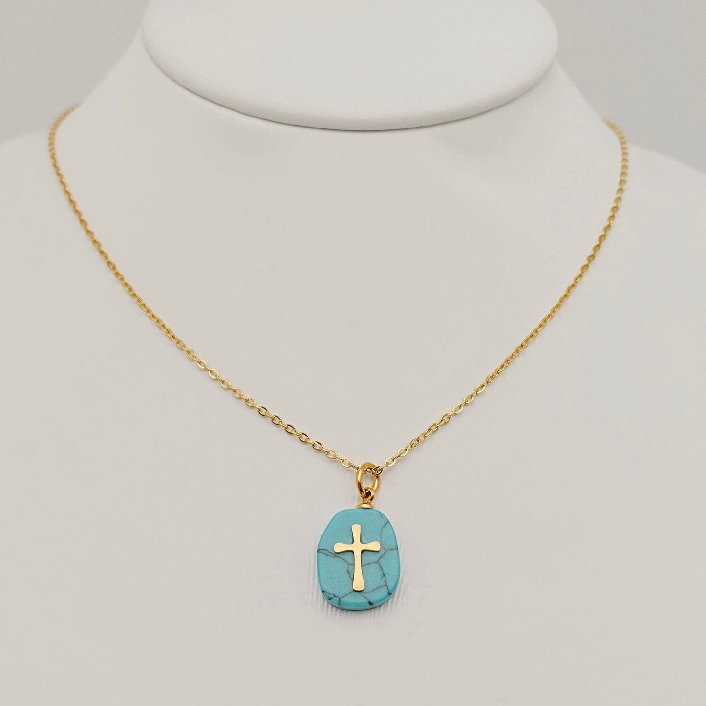 Natural Stone Stainless Steel Cross Pendant Necklace