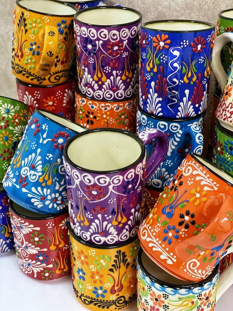 Colorful Handmade Ceramic Turkish Mugs - 20 Pcs Assorted