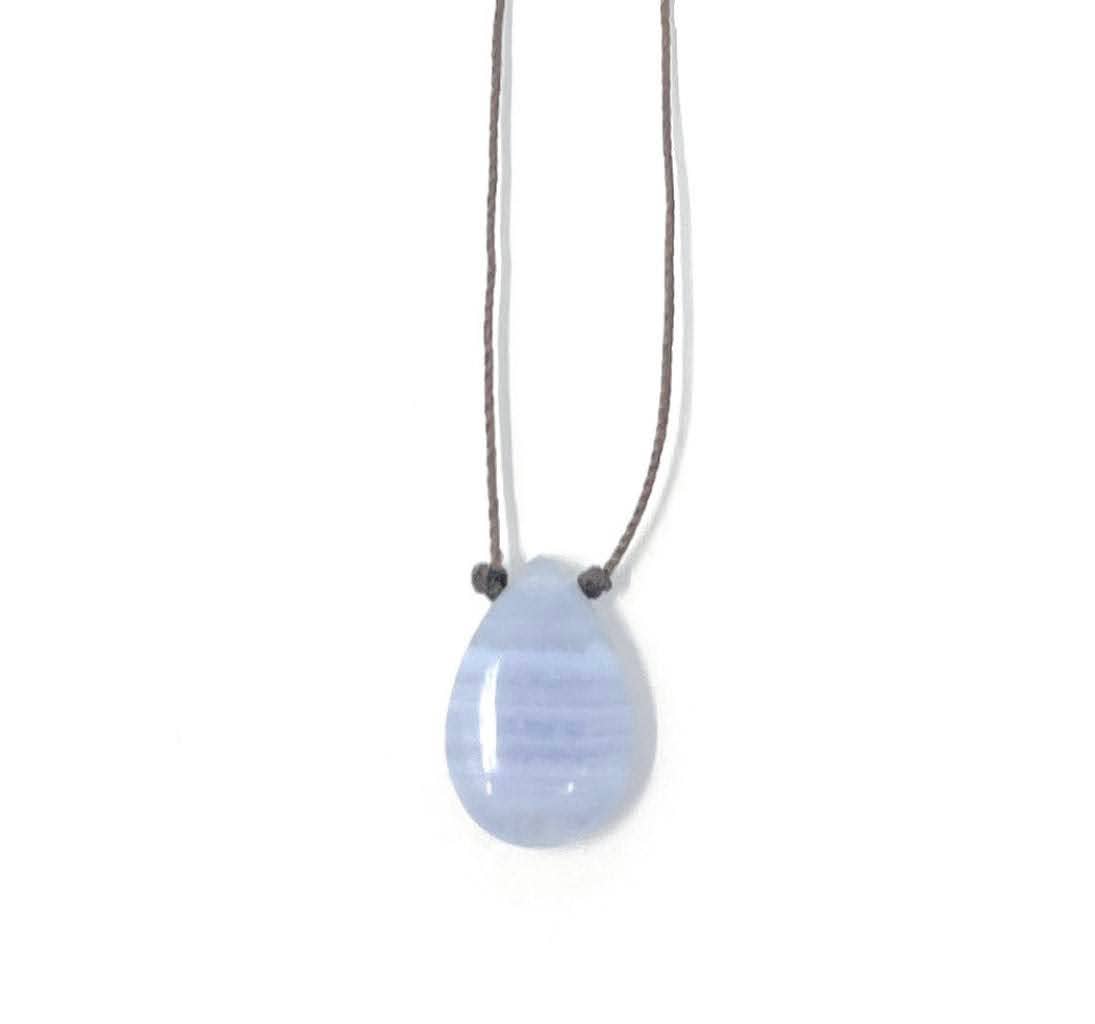 Blue Lace Agate Smooth Teardrop Cord Necklace : 16, 18 inches in legnth
