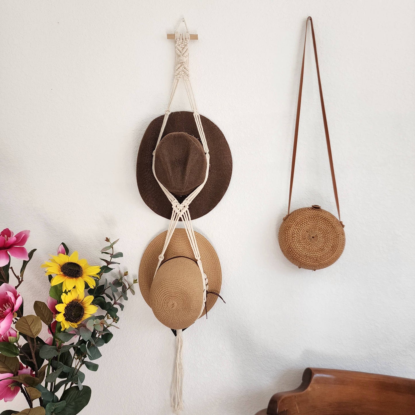 Macrame Hat Hanger, Wall Mounted Hat Display and Organizer: Double Hat Hanger / Cafe Latte