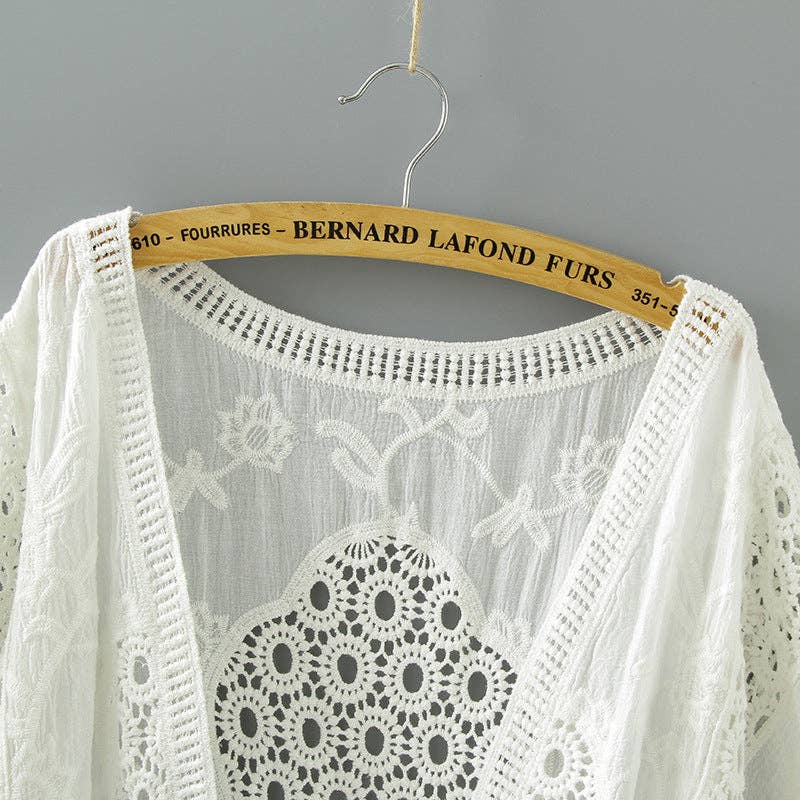 Crosa - Lace Open Front Cardigan with Batwing Sleeves: BEIGE / AVERAGE