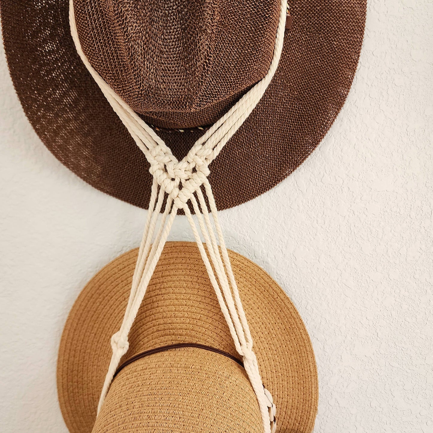 Macrame Hat Hanger, Wall Mounted Hat Display and Organizer: Double Hat Hanger / Cafe Latte