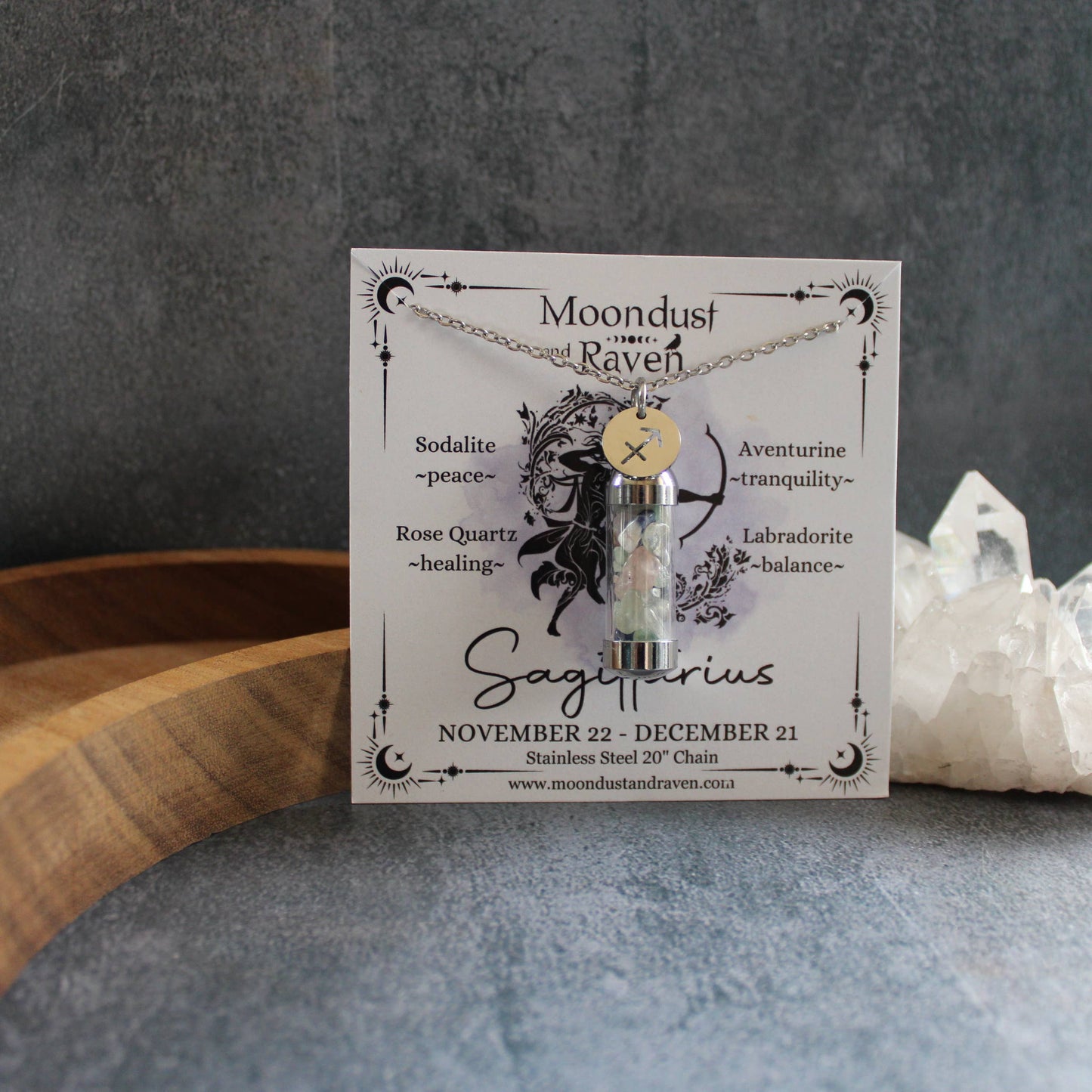 Sagittarius Crystal Vial Necklace, Zodiac Astrology Gift