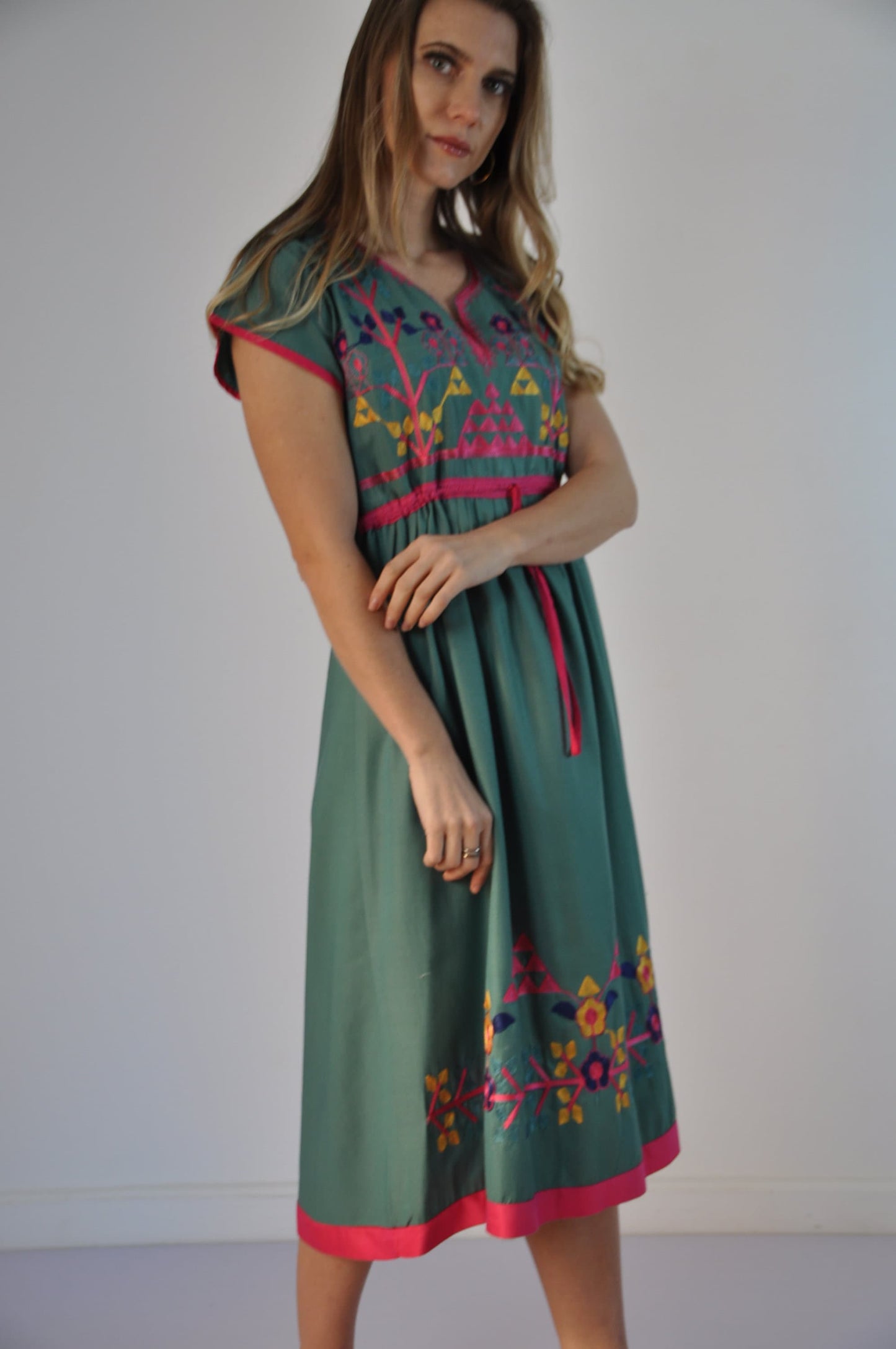 Green Cotton Tunic Embroidered Kaftan Dress