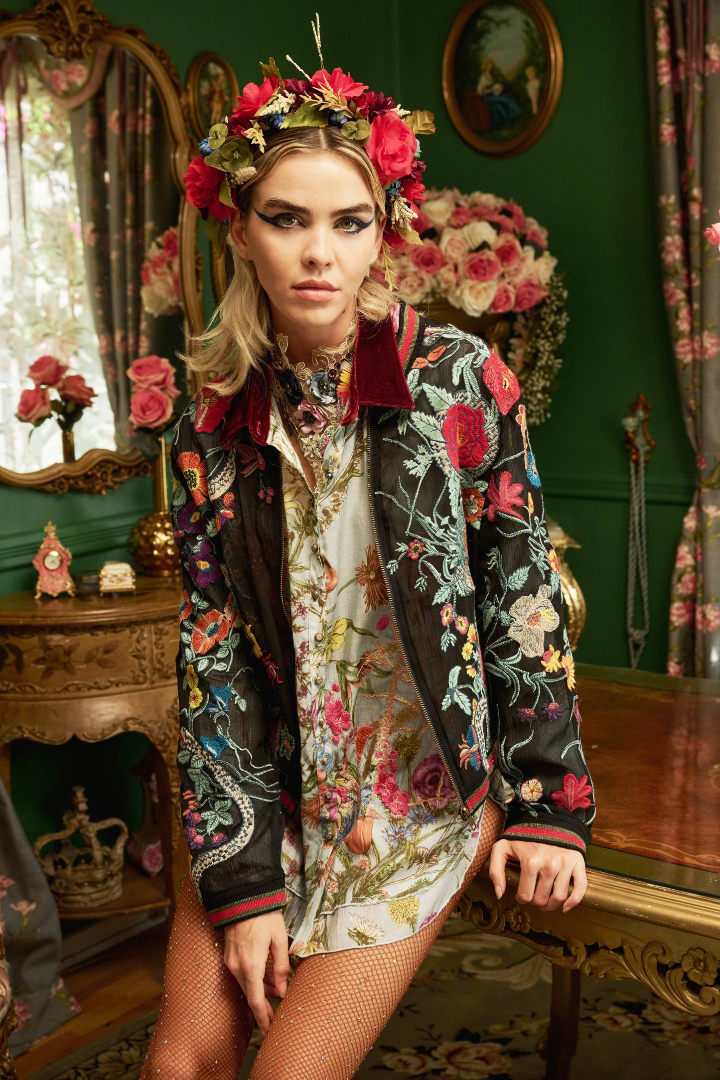 Bellezza Embroidered Bomber Jacket: Black Floral / M