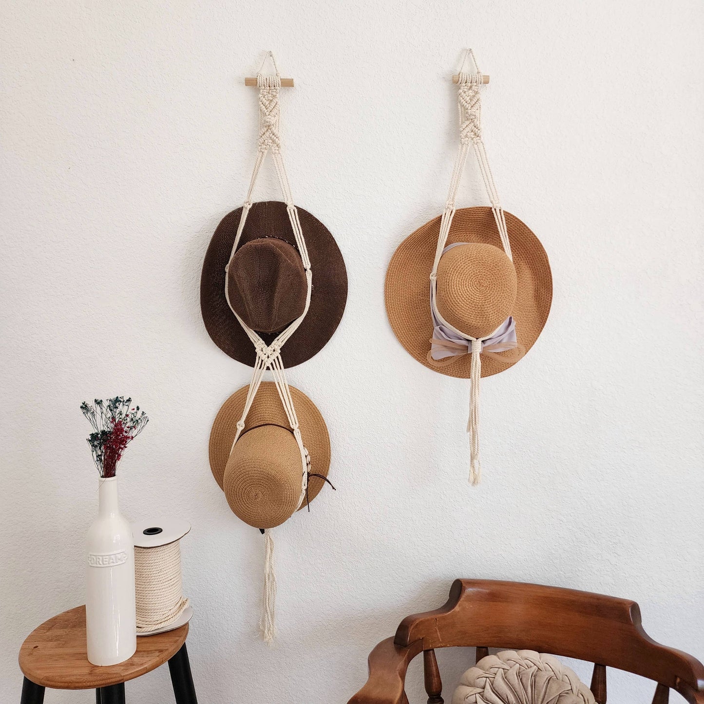 Macrame Hat Hanger, Wall Mounted Hat Display and Organizer: Double Hat Hanger / Cafe Latte