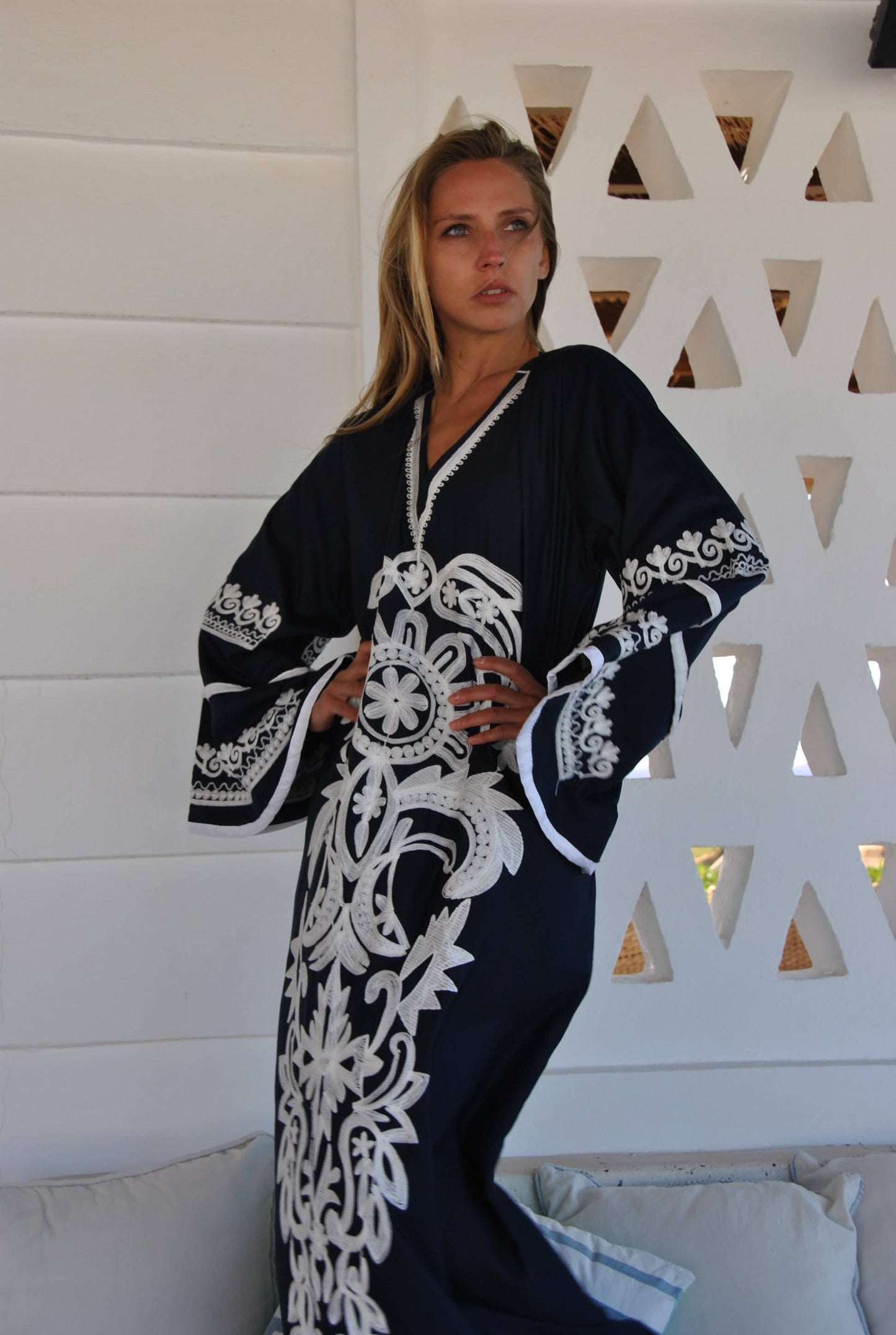 Stunning Navy Blue Embroidered Caftan, Wide Sleeve Caftan: M