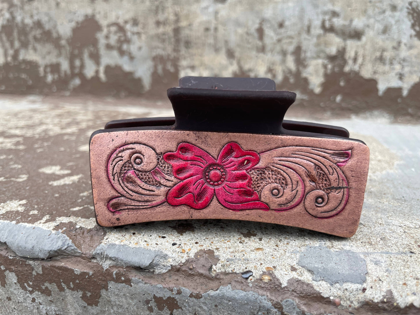 Floral Tooled leather Hair Claw Clips 4"