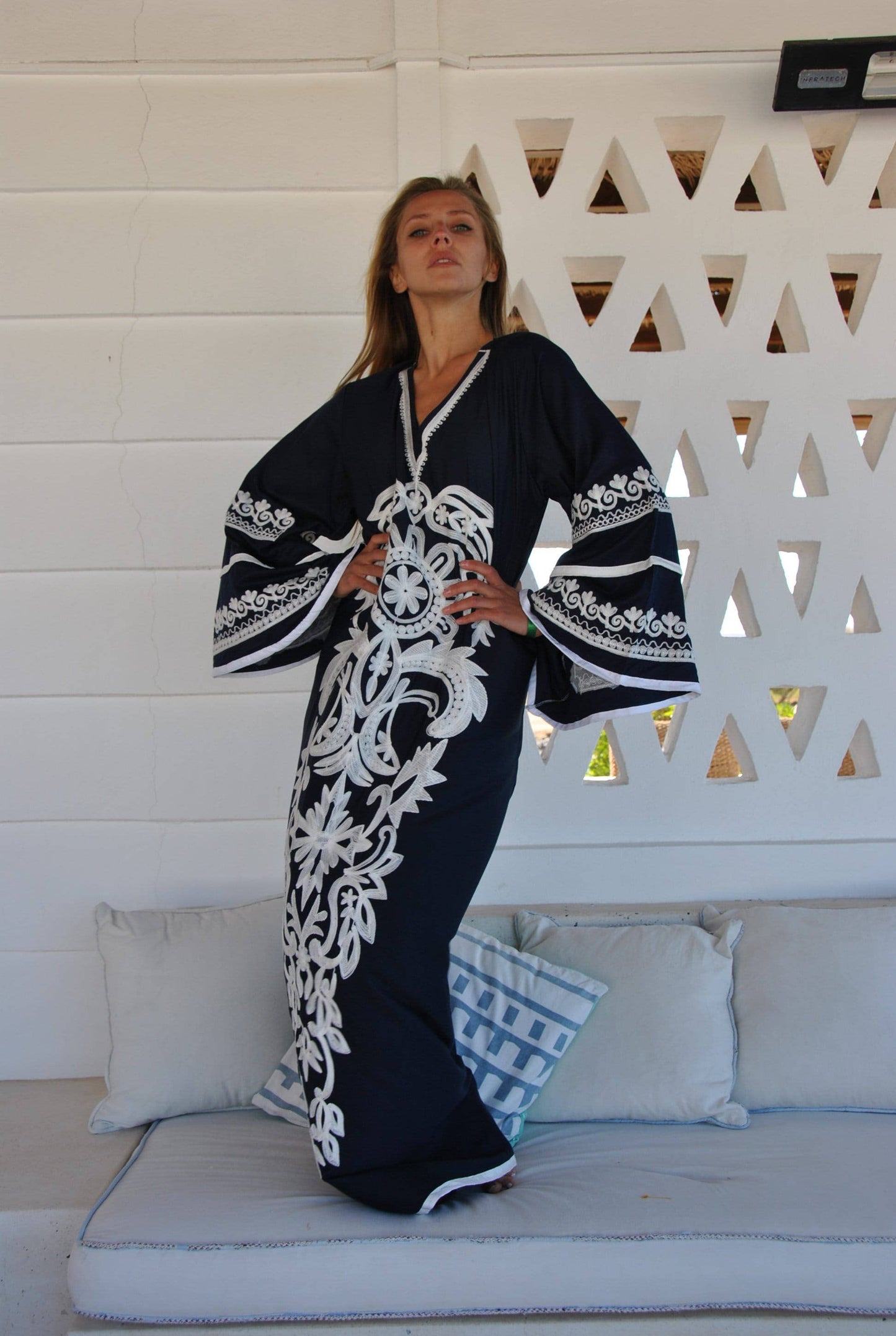 Stunning Navy Blue Embroidered Caftan, Wide Sleeve Caftan: L