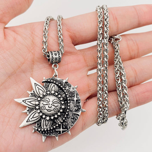 Sun Moon Pendant Necklace - Ancient silver