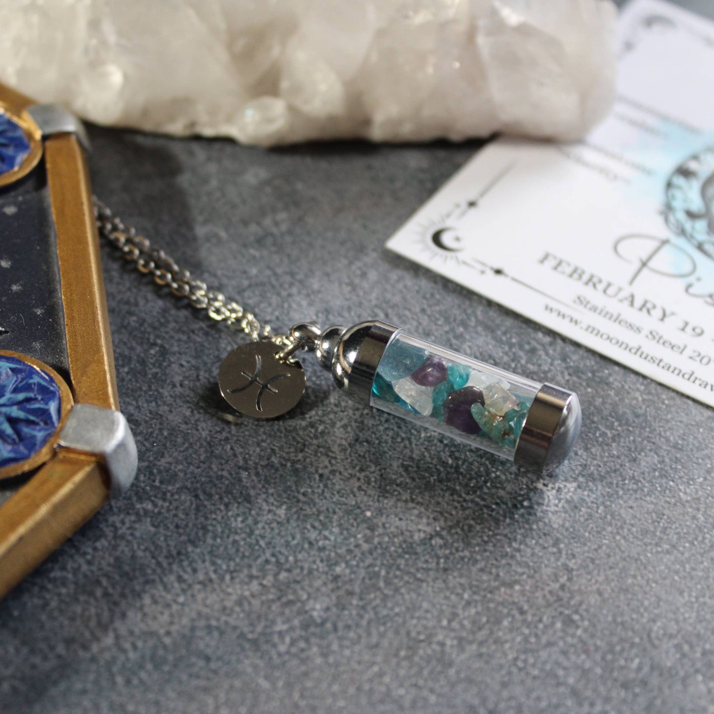 Pisces Crystal Vial Necklace, Zodiac Astrology Witchy Gift