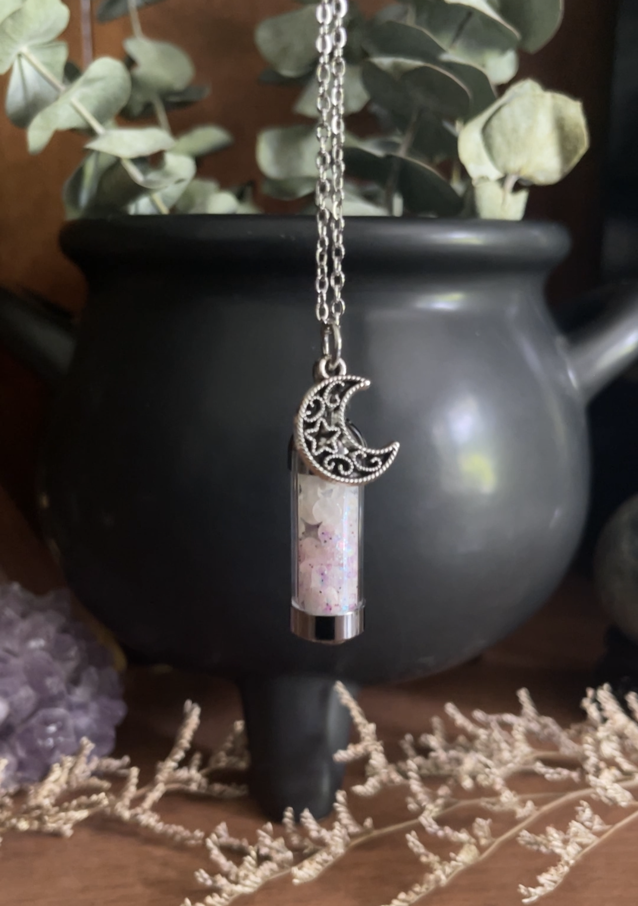 Moondust Spell Jar Amulet Necklace, Witchy Crystal Jewelry