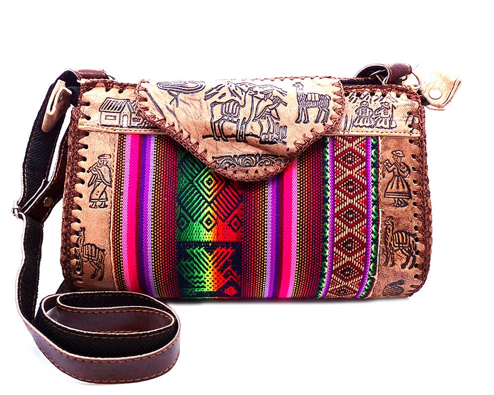 Large Tribal Peruvian Leather Material Crossbody Purse Bag