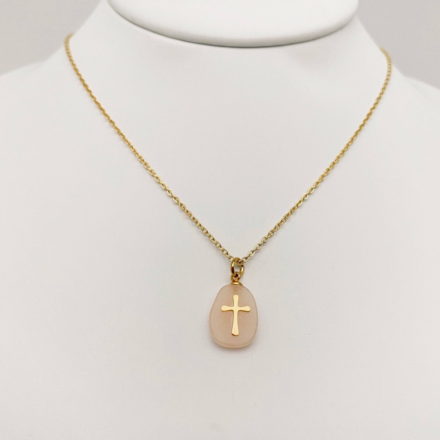 Natural Stone Stainless Steel Cross Pendant Necklace