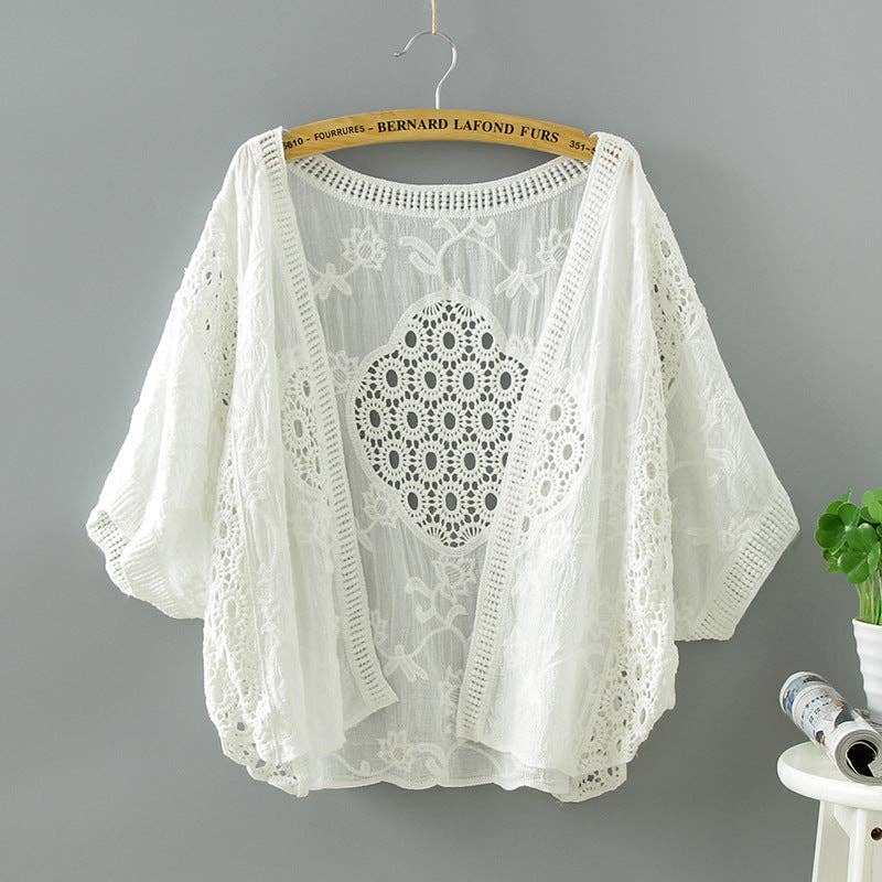 Crosa - Lace Open Front Cardigan with Batwing Sleeves: WHITE / AVERAGE