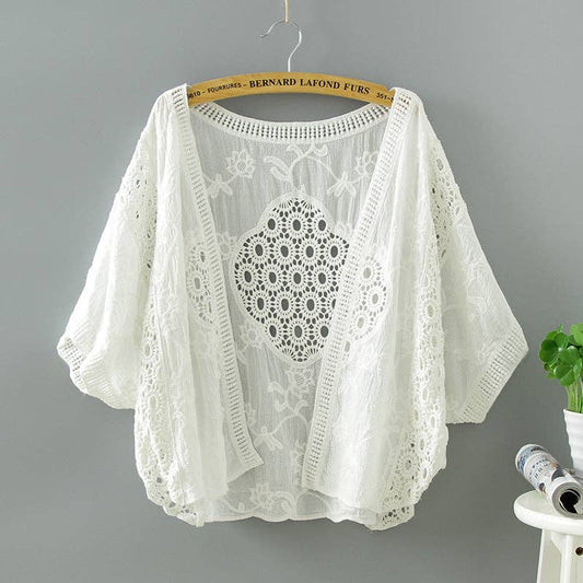 Crosa - Lace Open Front Cardigan with Batwing Sleeves: WHITE / AVERAGE