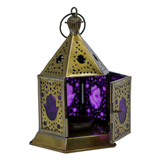 Lantern, Iron and Glass Hamsa, height 6", width 4" length 4"