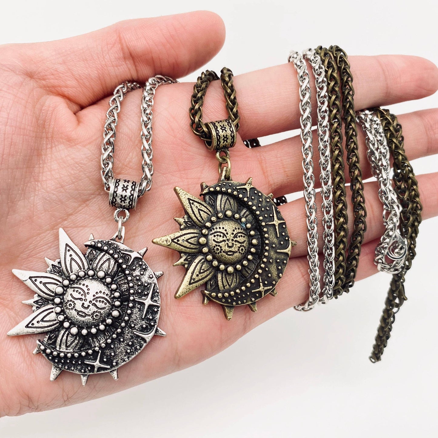 Sun Moon Pendant Necklace - Ancient silver