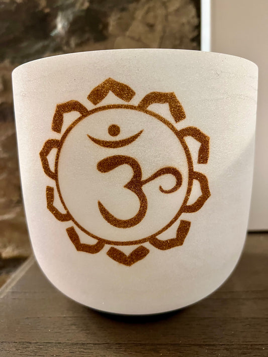 Frosted White Crystal Singing Bowl 7" Om