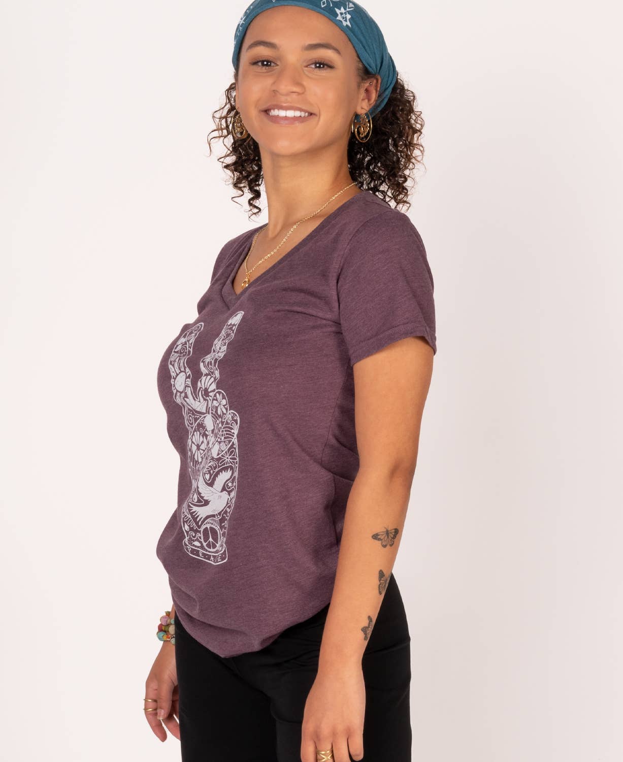 Peace Fingers V-Neck T-Shirt - Eco-Friendly Hippie Boho Tee: SM