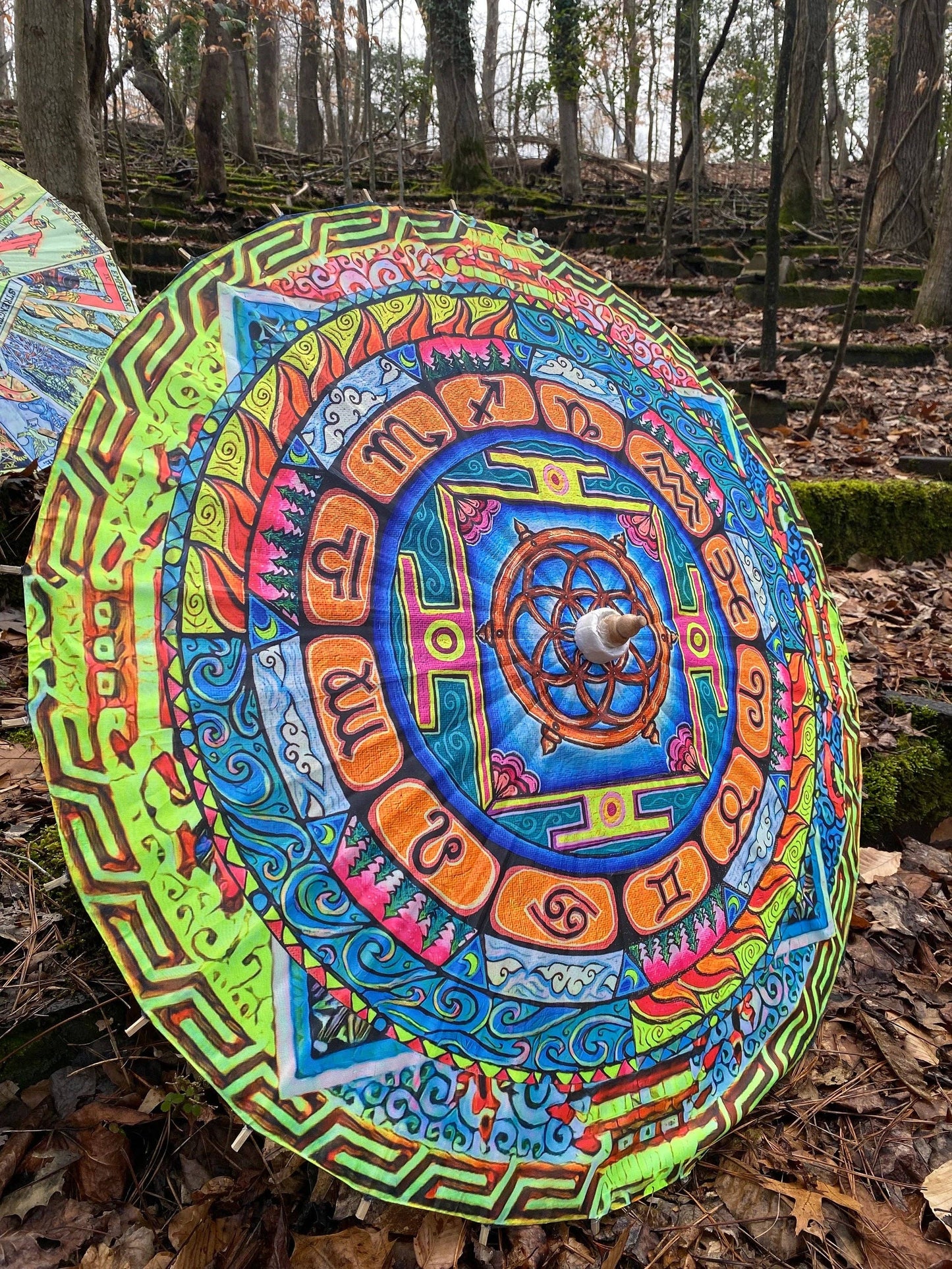 Zodiac Bamboo Parasol  UV Blacklight Reactive Umbrella or Non Blacklight