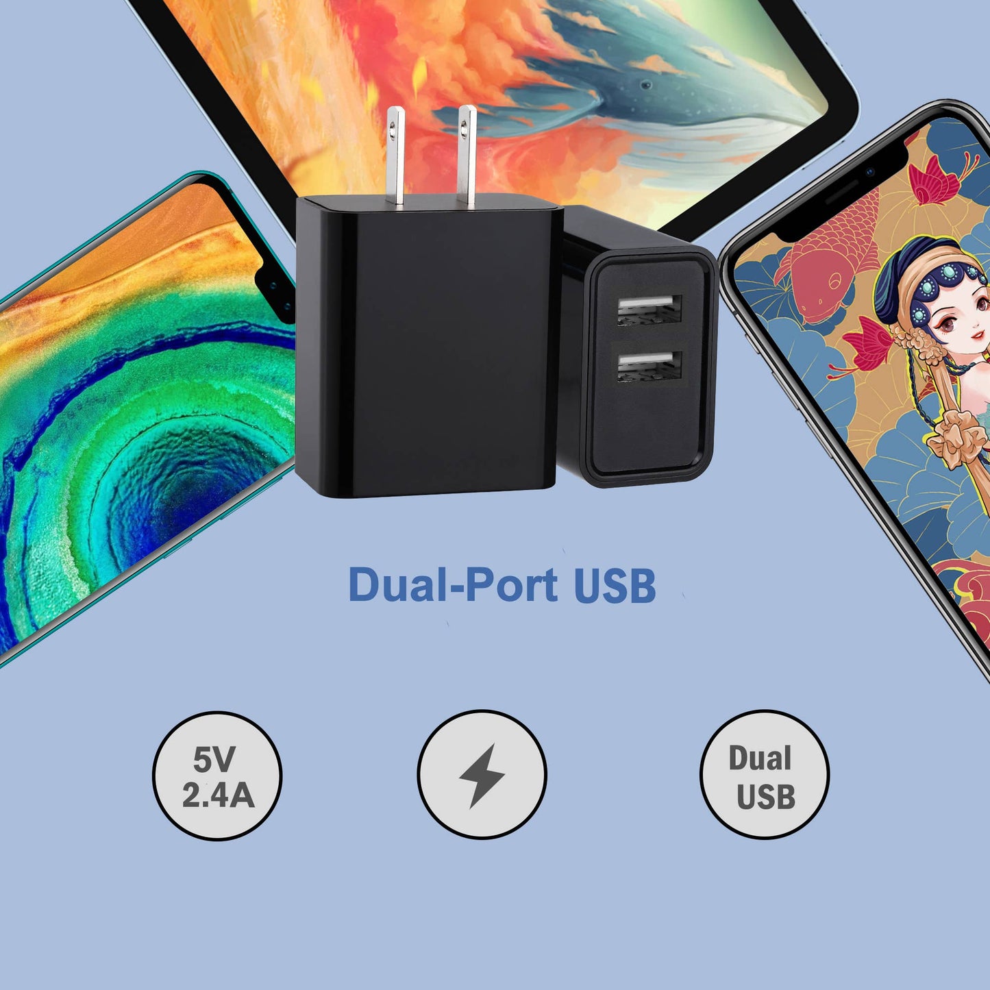 Charge 2-Port USB Wall Chargers for Android & IP Retail Pack: White / 2 USB-A Ports