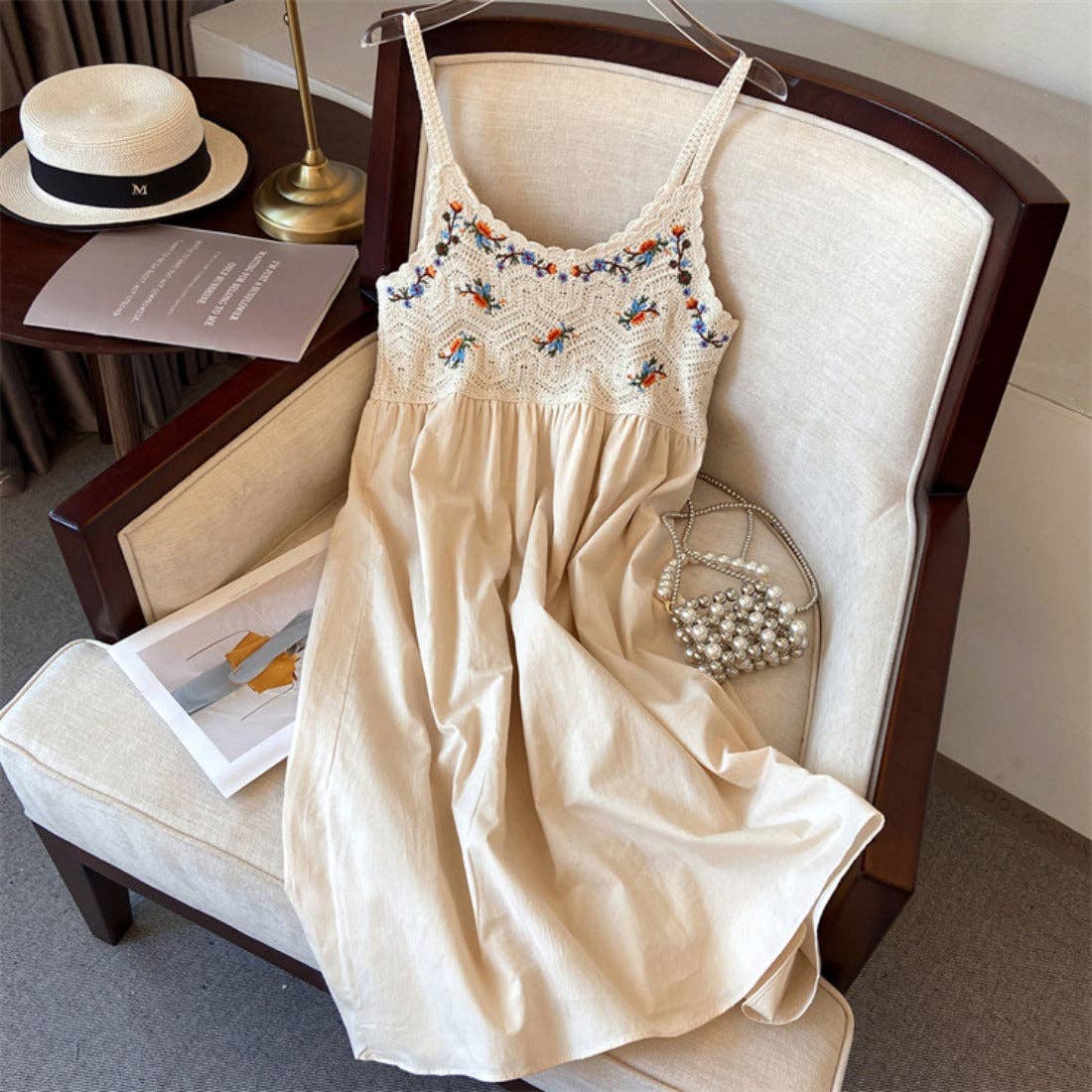 Crosa - Bohemian Style Midi Dress: BEIGE / AVERAGE