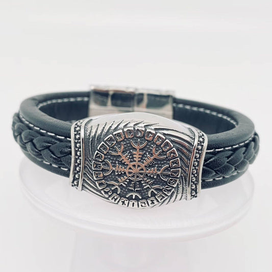 Viking Stainless Steel Men's Carved Leather Bracelet