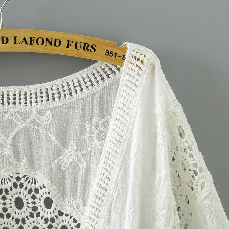 Crosa - Lace Open Front Cardigan with Batwing Sleeves: BEIGE / AVERAGE