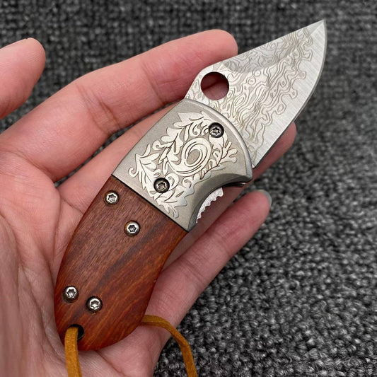 Wooden Handle Patterned Stainless Steel Foldable Knife
