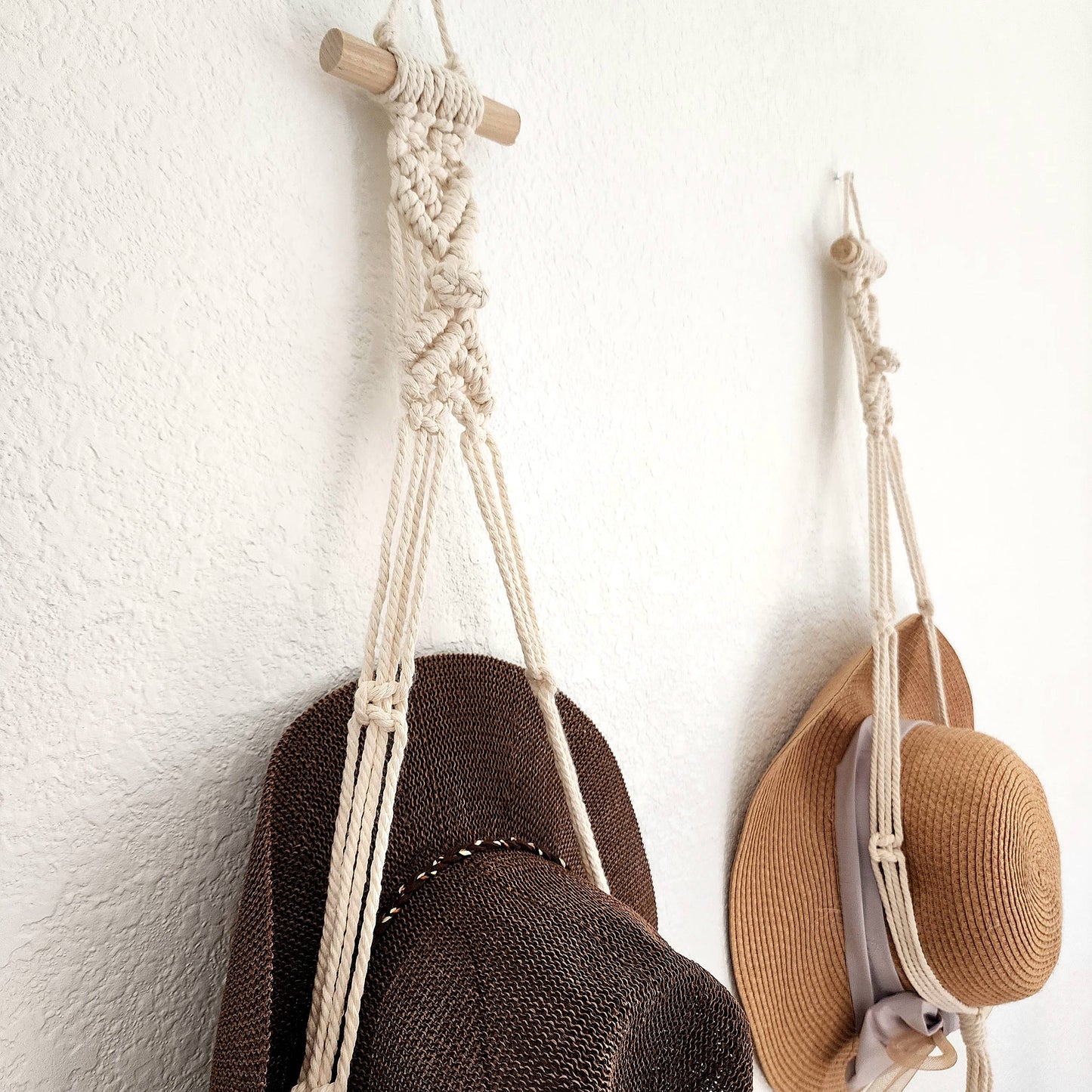 Macrame Hat Hanger, Wall Mounted Hat Display and Organizer: Double Hat Hanger / Cafe Latte