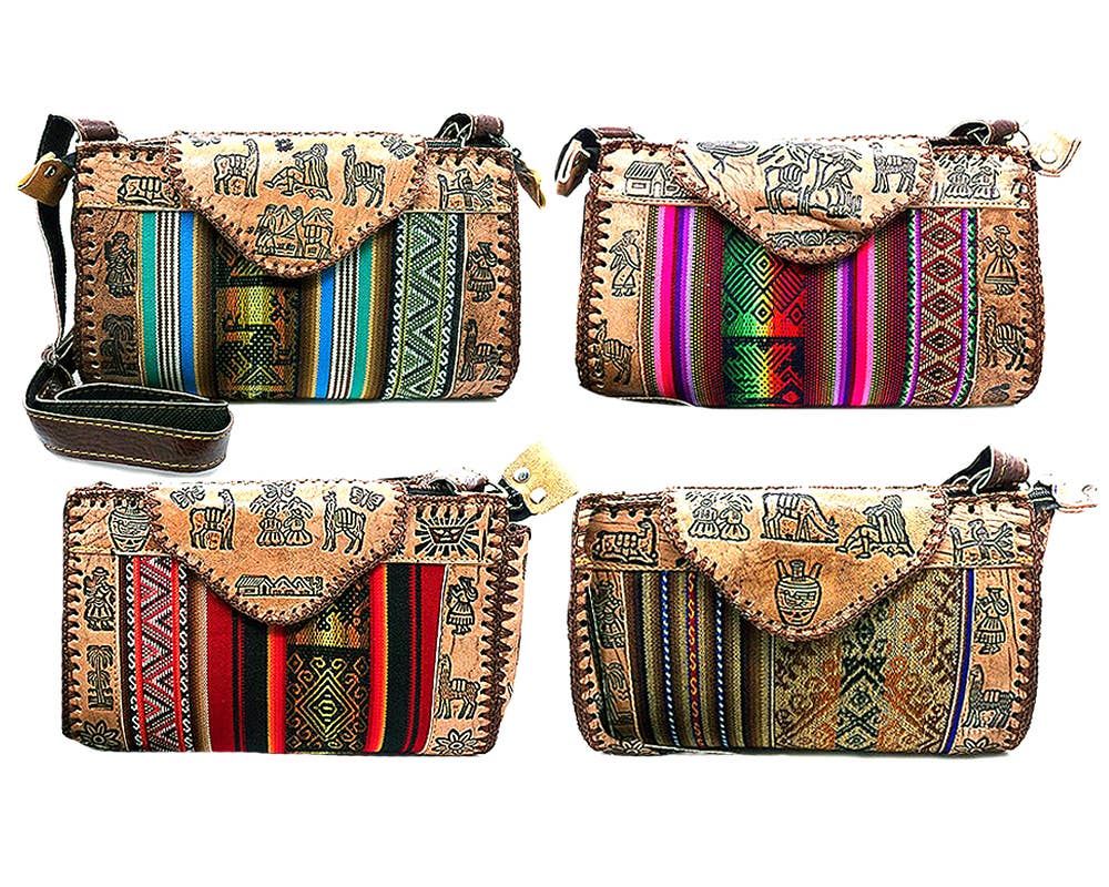 Large Tribal Peruvian Leather Material Crossbody Purse Bag