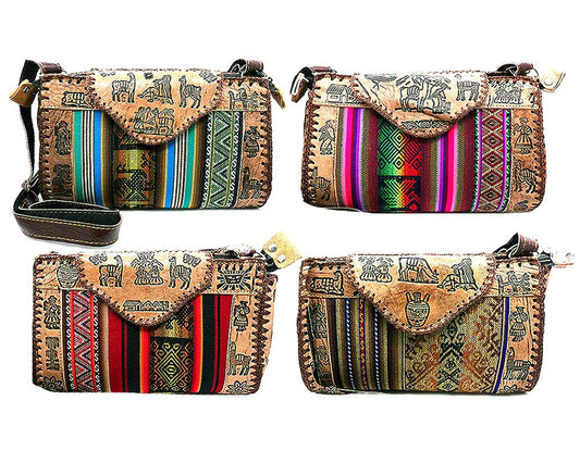 Large Tribal Peruvian Leather Material Crossbody Purse Bag