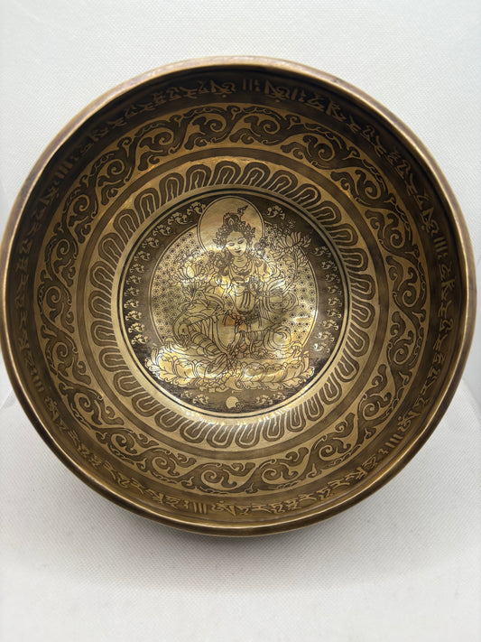 Tibetan Bowl Etched with Kuan Yin 8"