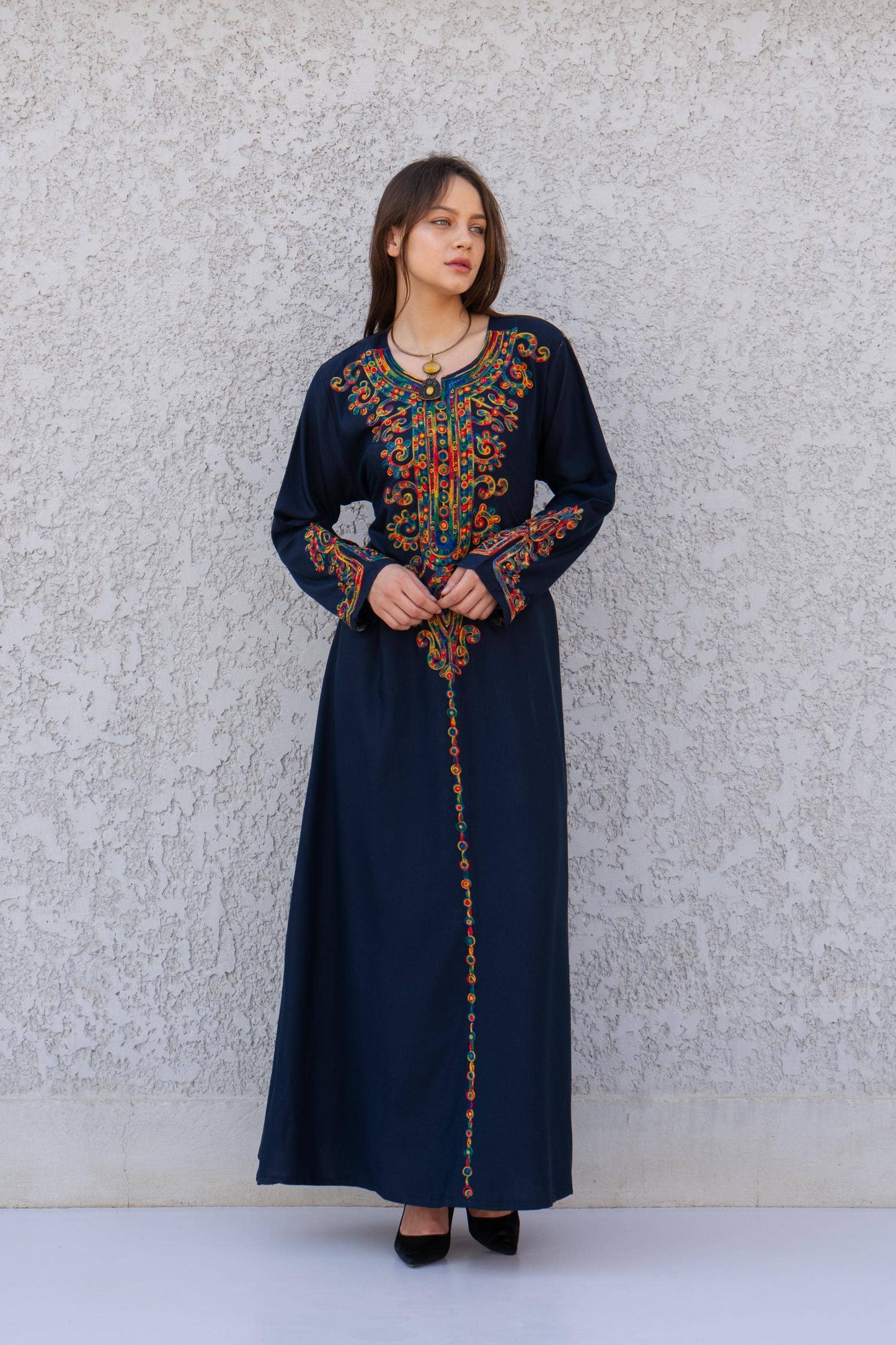 Navy Blue embroidered caftan dress, embroidered Cotton caftan, Chic embroidered caftan, Egyptian cotton caftans for women: S/M/L
