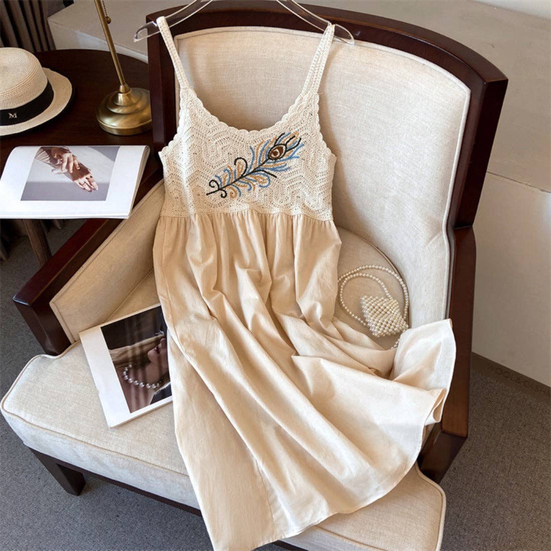 Crosa - Bohemian Crochet Feather Sundress: BEIGE / AVERAGE