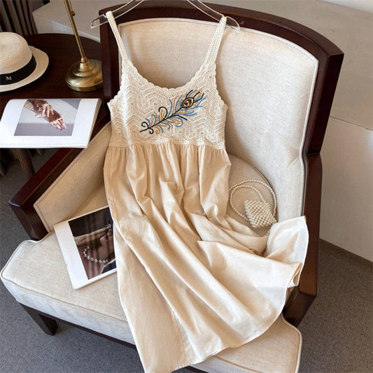 Crosa - Bohemian Crochet Feather Sundress: BEIGE / AVERAGE