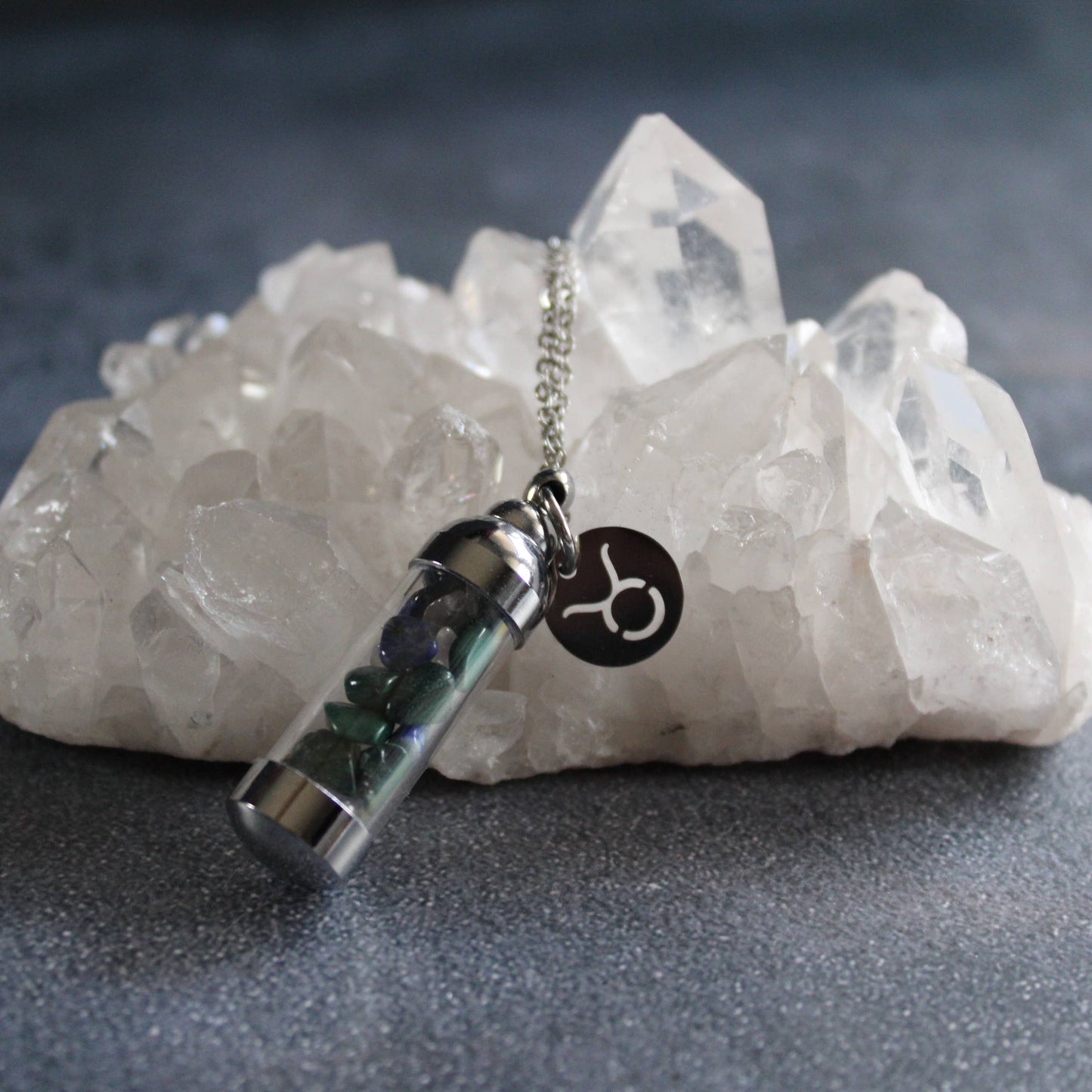 Taurus Crystal Vial Necklace, Zodiac Astrology Witchy Gift