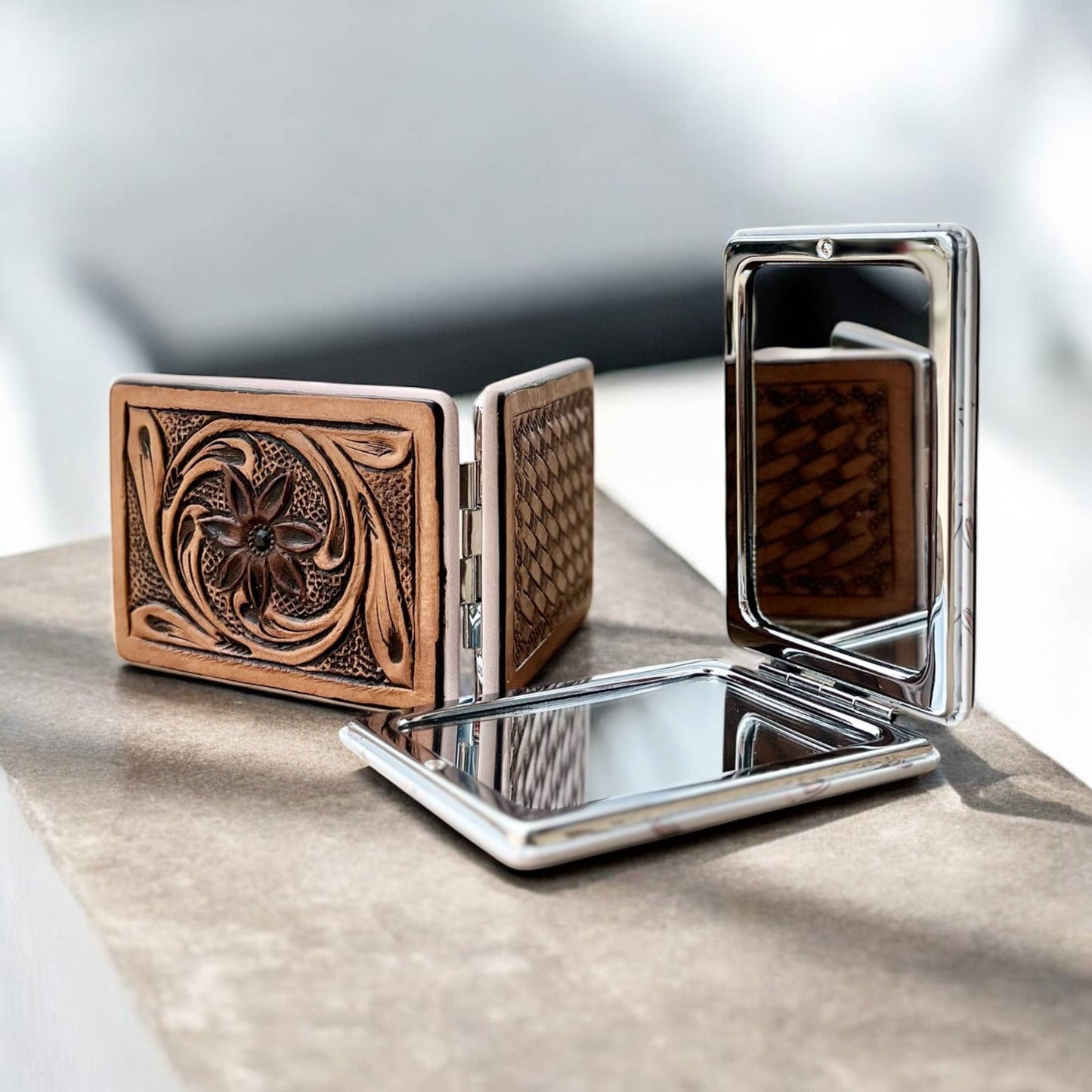 Lily tooled leather Mirror 