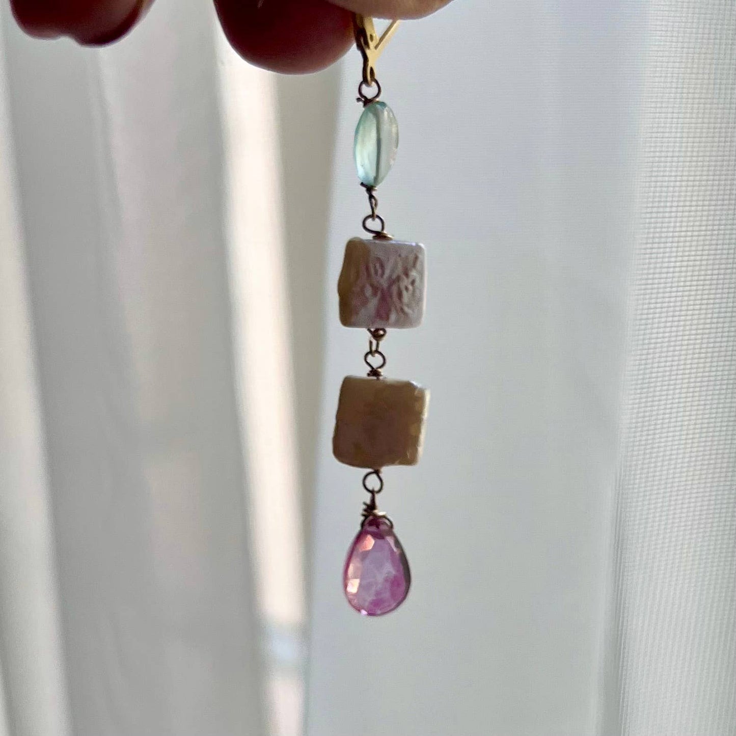 Showgirl pearl and gemstone dangle earrings