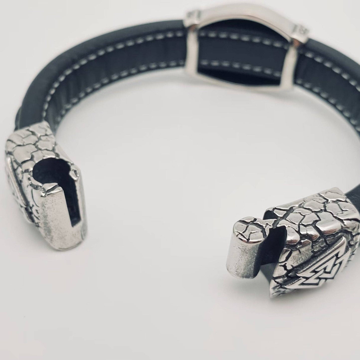 Viking Stainless Steel Men's Carved Leather Bracelet