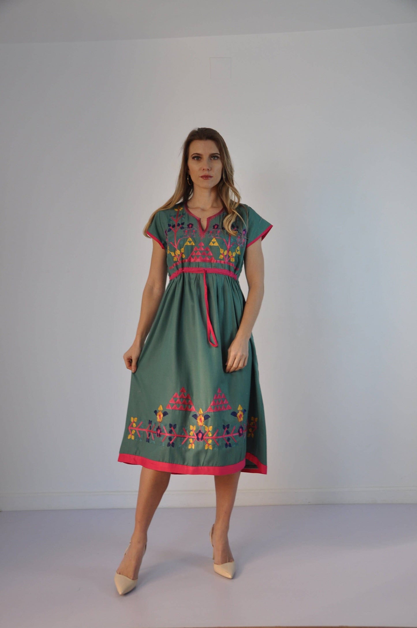 Green Cotton Tunic Embroidered Kaftan Dress