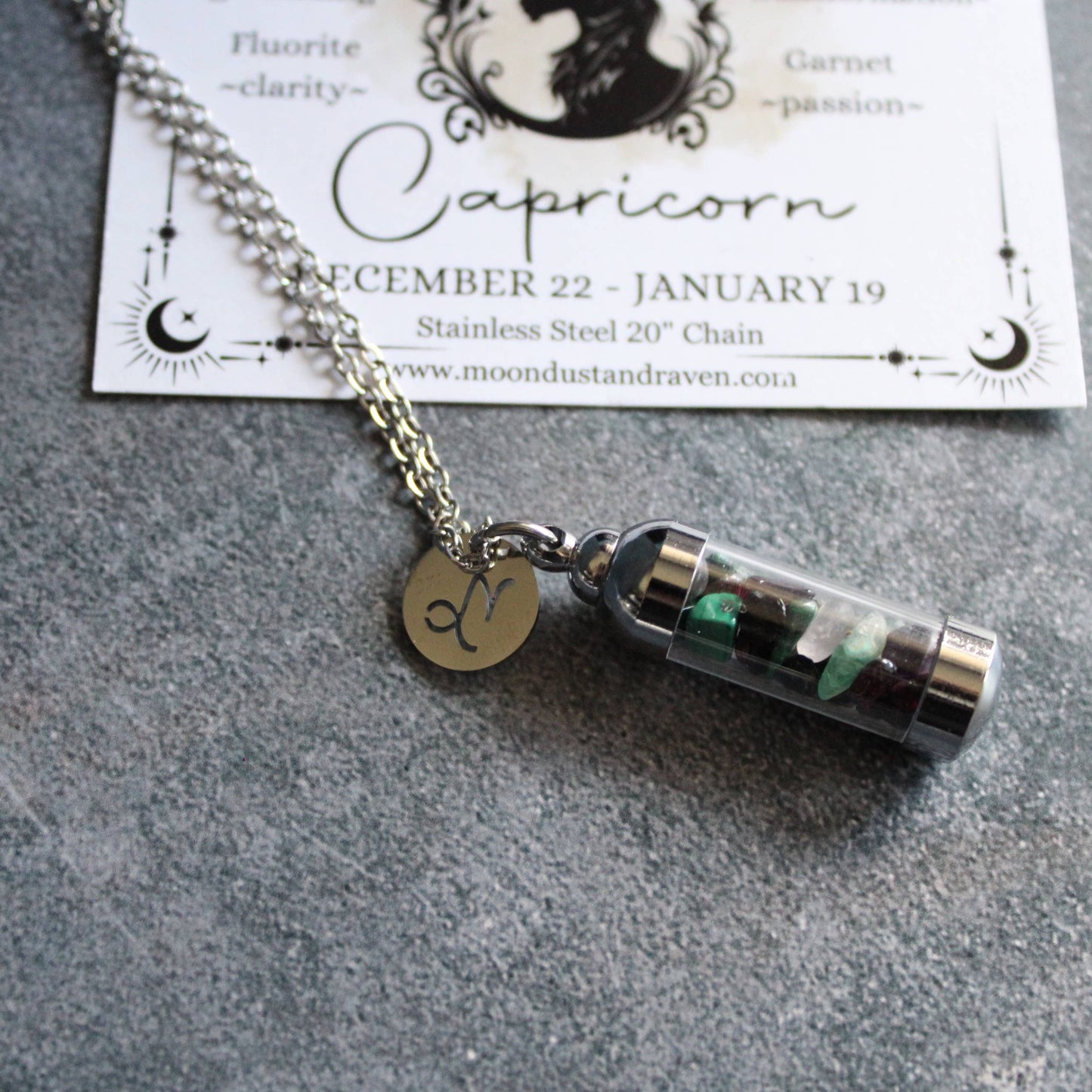 Capricorn Crystal Vial Necklace, Zodiac Astrology Gift