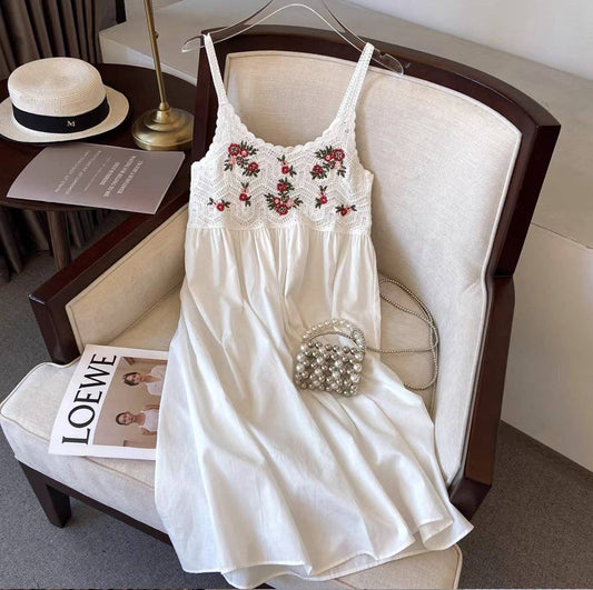 Crosa - Crochet Lace Spaghetti Strap Dress: WHITE / AVERAGE