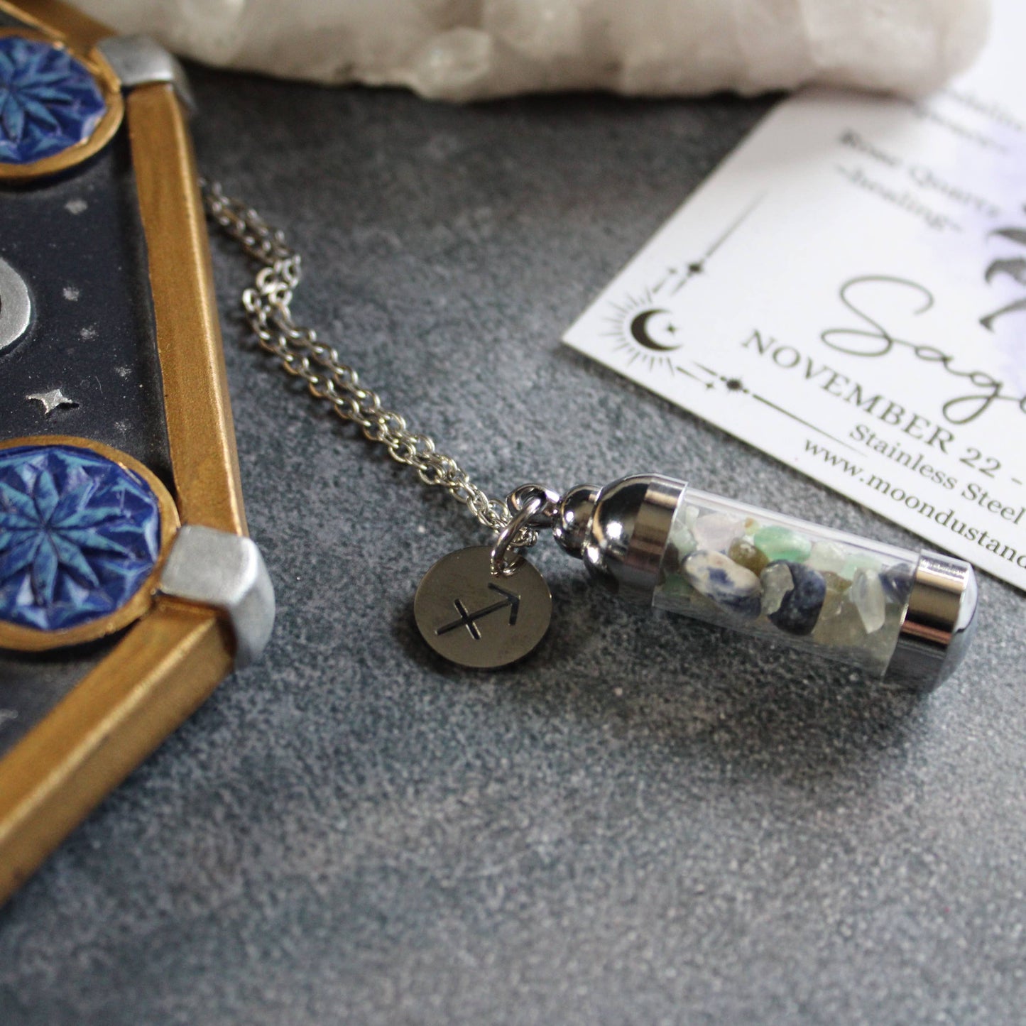 Sagittarius Crystal Vial Necklace, Zodiac Astrology Gift