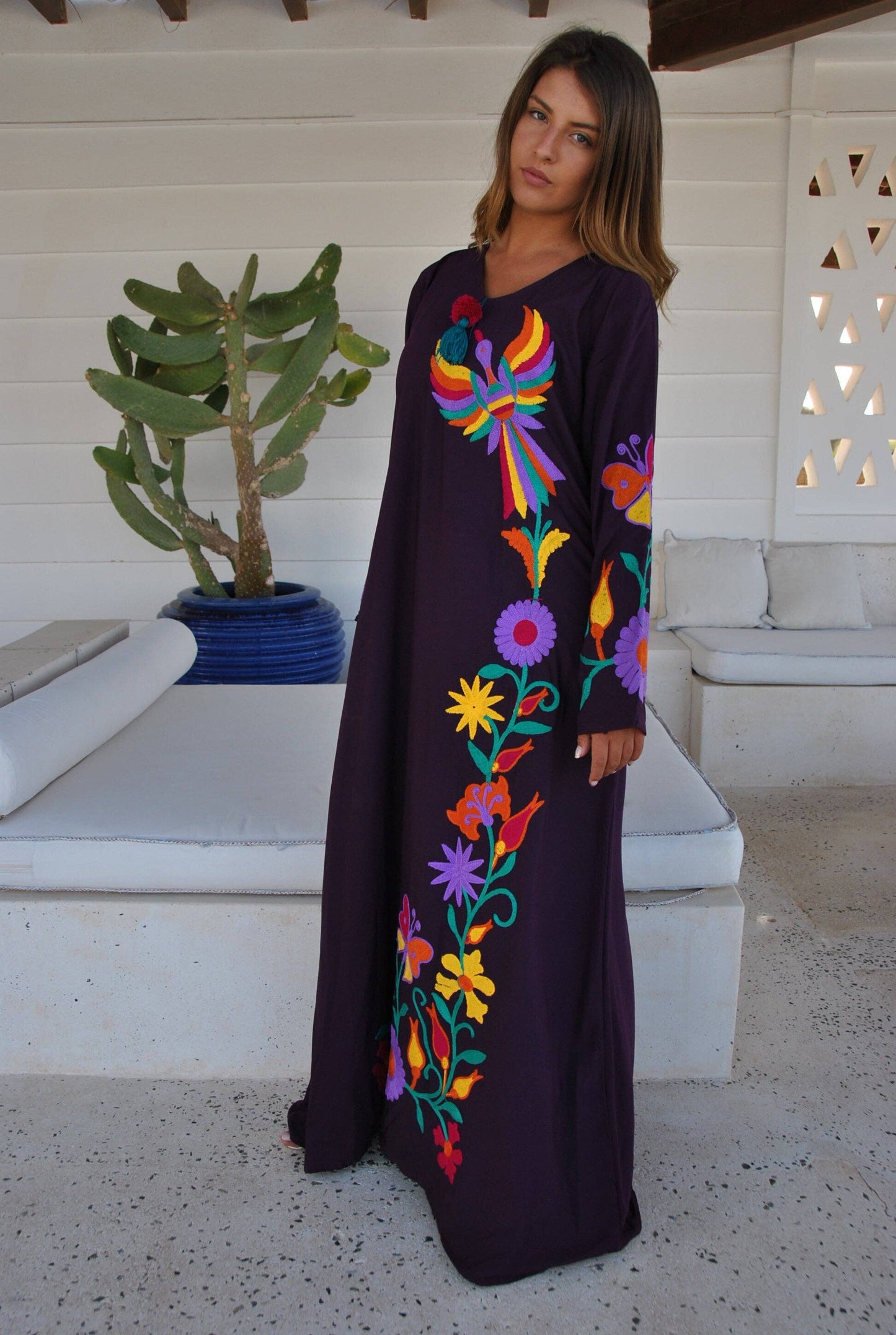 Purple peacock embroidered Caftan, caftans for women, embroidered Caftan dress, Caftan maxi dress, Caftans for women, cotton Caftans: S