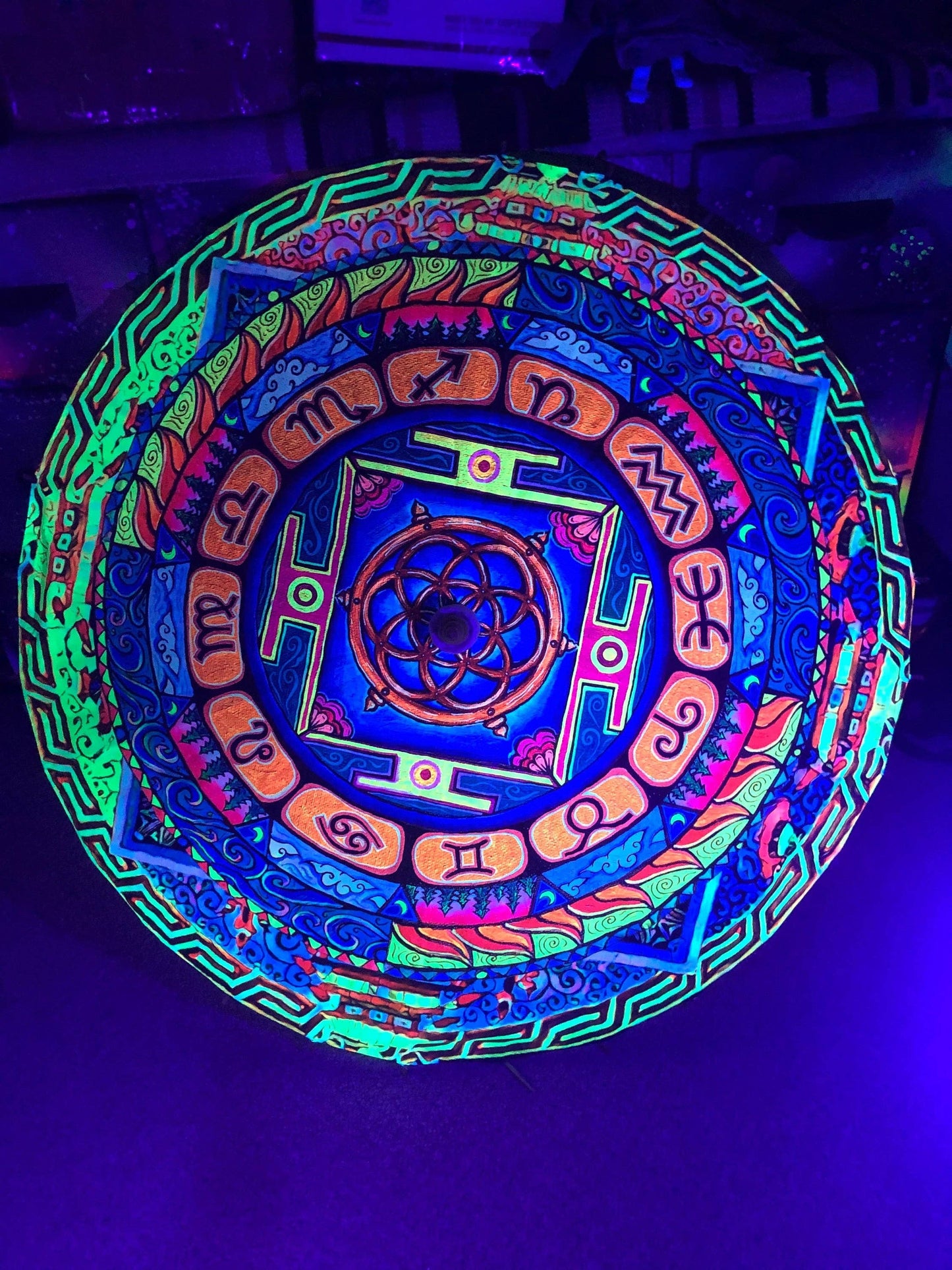 Zodiac Bamboo Parasol  UV Blacklight Reactive Umbrella or Non Blacklight